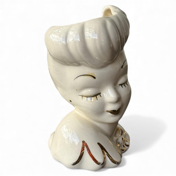 Vintage Glamour Girl USA Lady Head Vase Gold Accents 6.5" - Picture 3 of 7